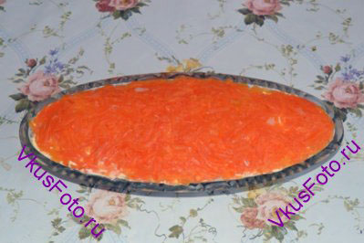 Морковь натереть на крупной терке. Разложить ровным слоем и утрамбовать ложкой.