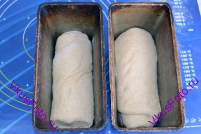 Рулет разрезать поперек на 2 части. Каждую часть положить швом вниз в смазанную маслом форму для хлеба.